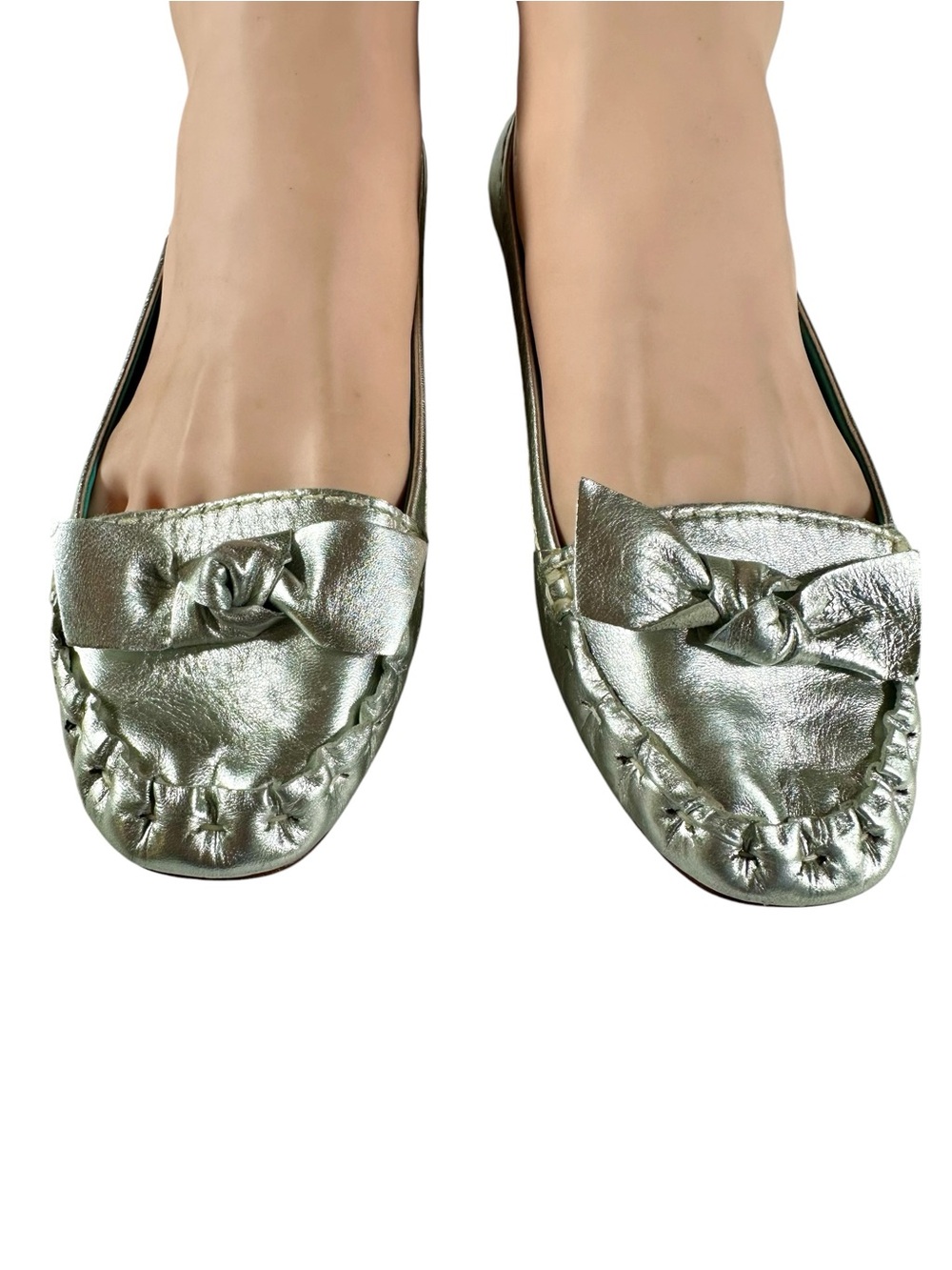 Boden Metallic Silver Bow Moccasin Flats